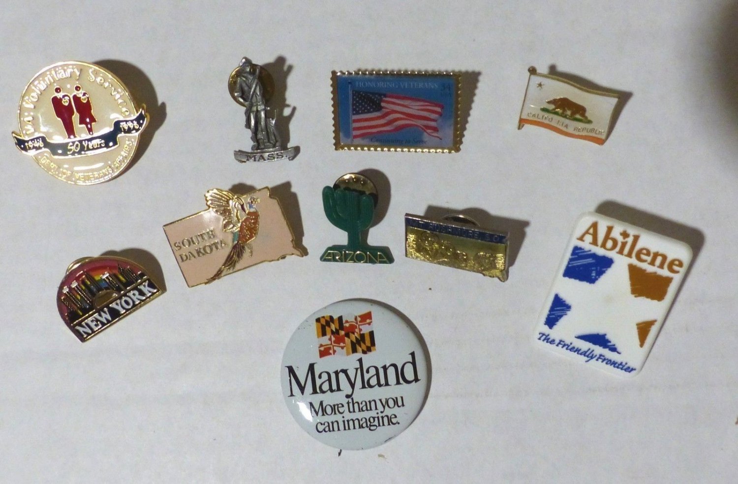 Lot of 10 State Lapel Pins Fla New Ca Maryland New York Mass Mt. Rushmore