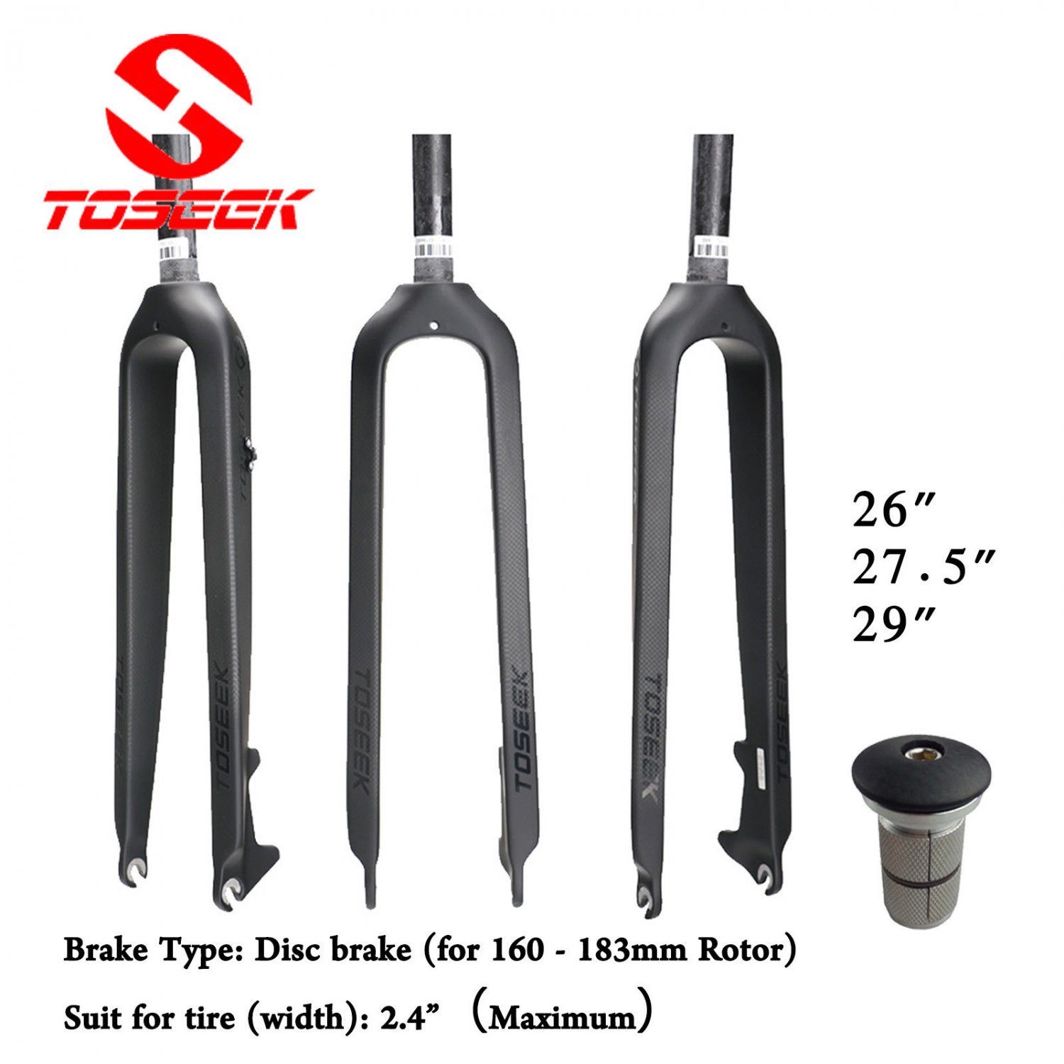 TOSEEK 11/8" Full Carbon Fiber MTB Fork Disc Brake Rigid Super Light Forks