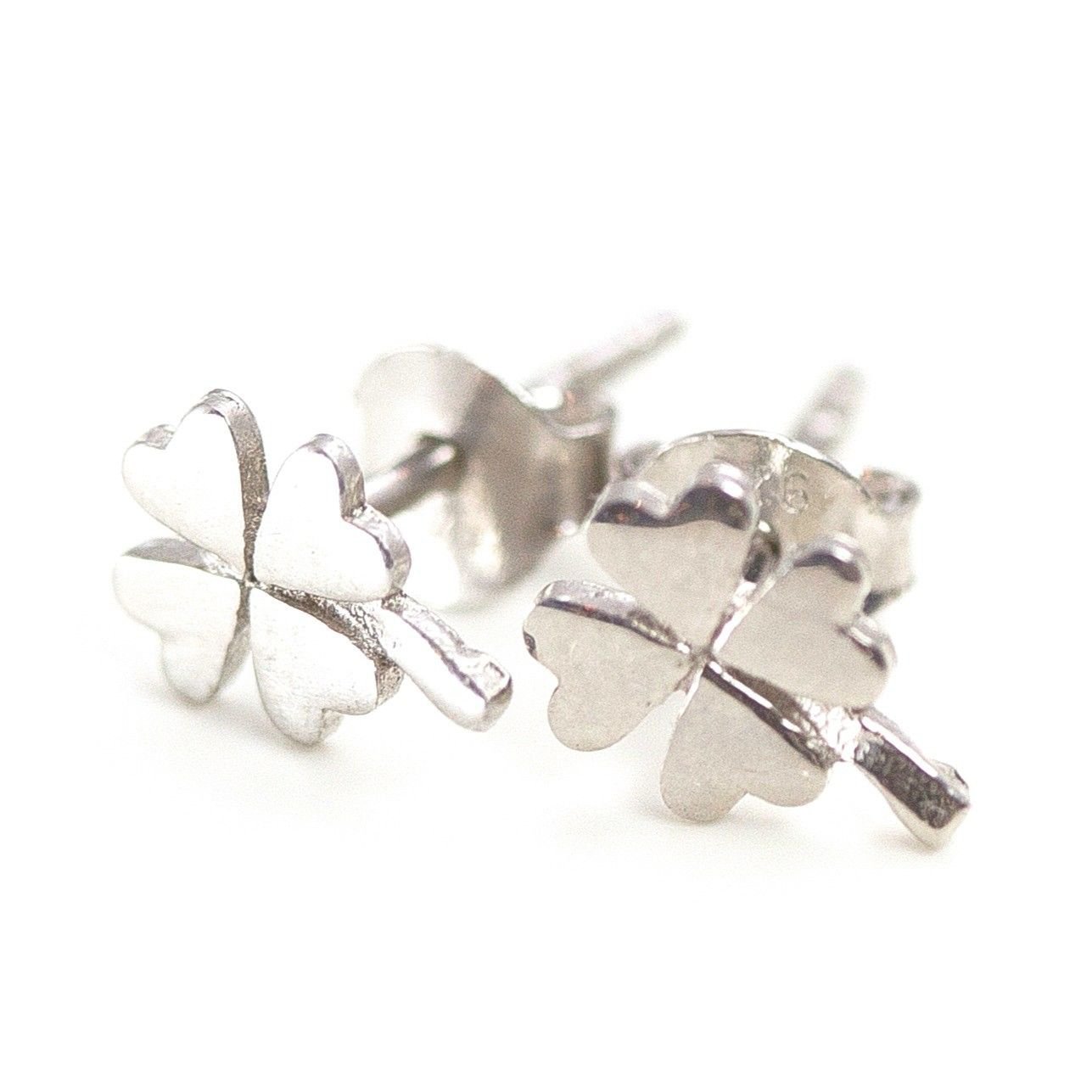 Four Leaf Clover Irish Sterling Silver Stud Earrings Heart Shaped Lucky Gift Her