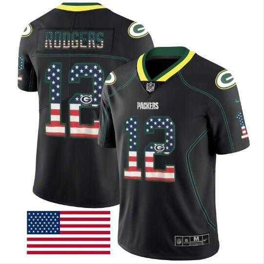 Men's Aaron Rodgers #12 Packers Limited Player Jersey Black USA Flag