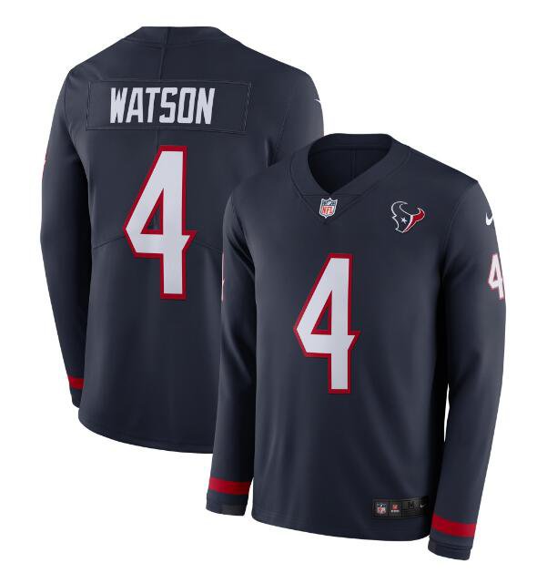 Men's Deshaun Watson #4 Texans Therma Long Sleeve Player Jersey Navy