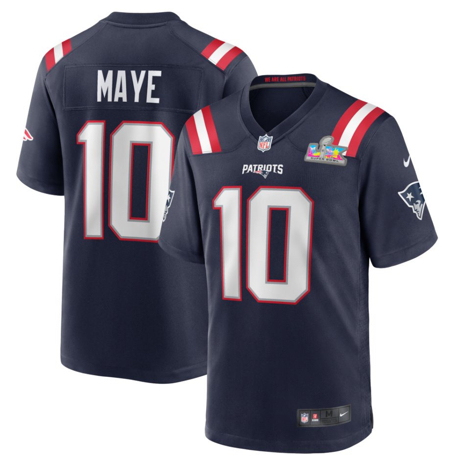 Drake Maye #10 New England Patriots Super Bowl LX Patch Game Jersey Navy