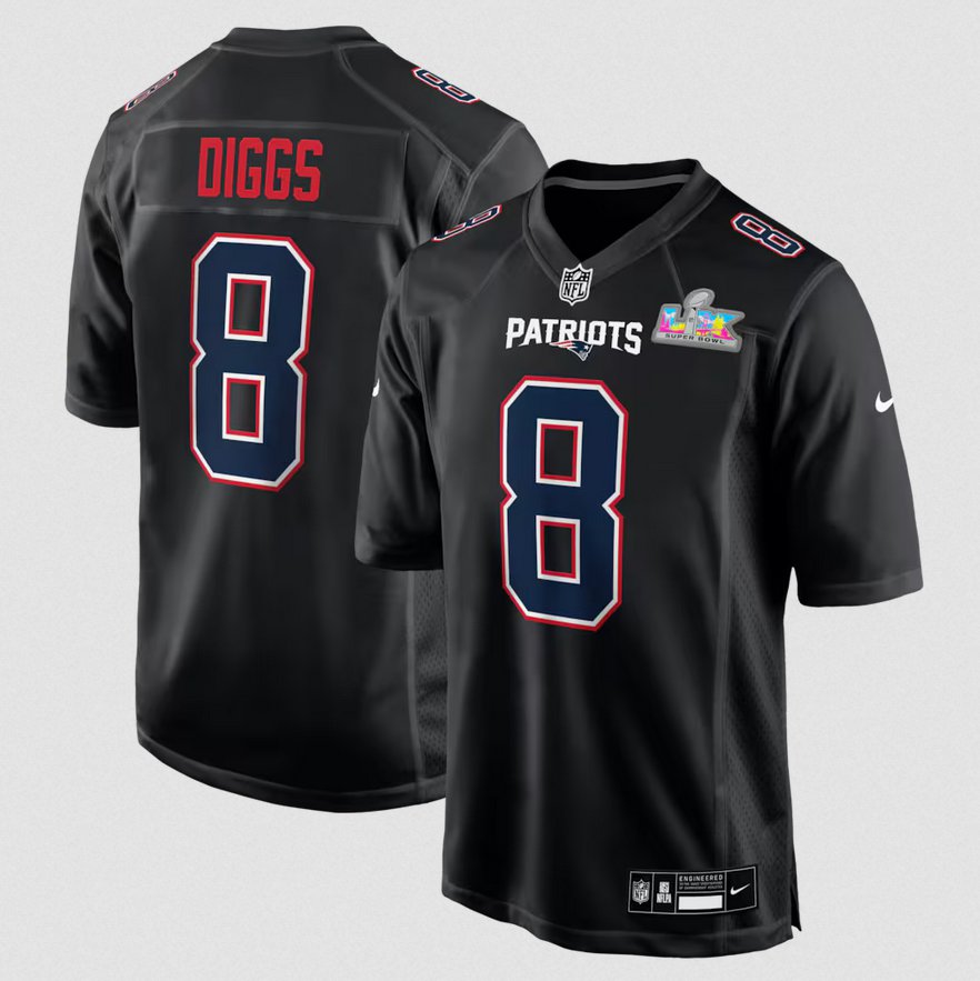 Stefon Diggs #8 New England Patriots Super Bowl LX Patch Carbon Fashion Game Jersey Black