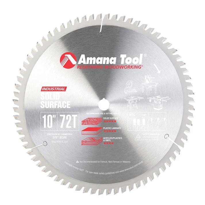 Amana Tool 10" X 72T Solid Surface Blade, 0 Degree 5/8" Bore, M-TCG