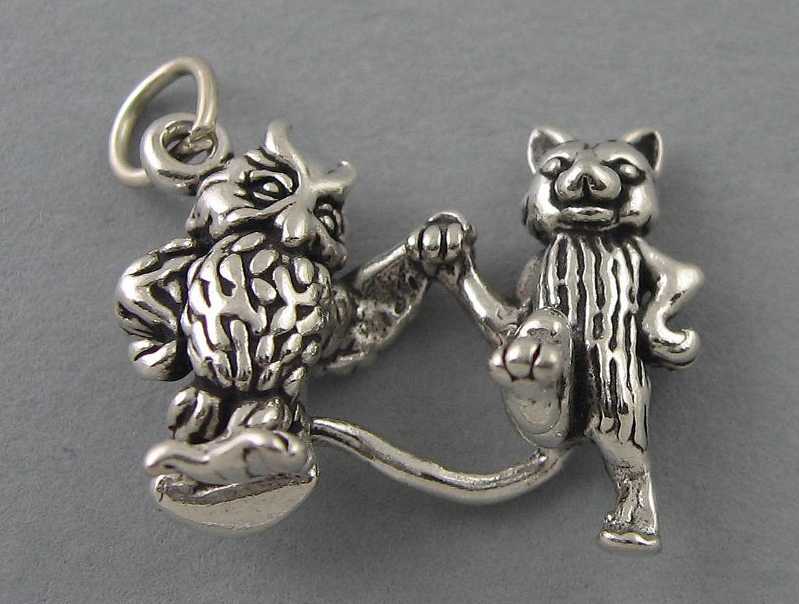 New Sterling Silver Charm Pendant 3D OWL & THE PUSSY CAT 3183