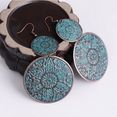 Blue Big Round Drop Earrings Antique Copper Ear Jewelry Double Circle Long Dangle Earrings For Women