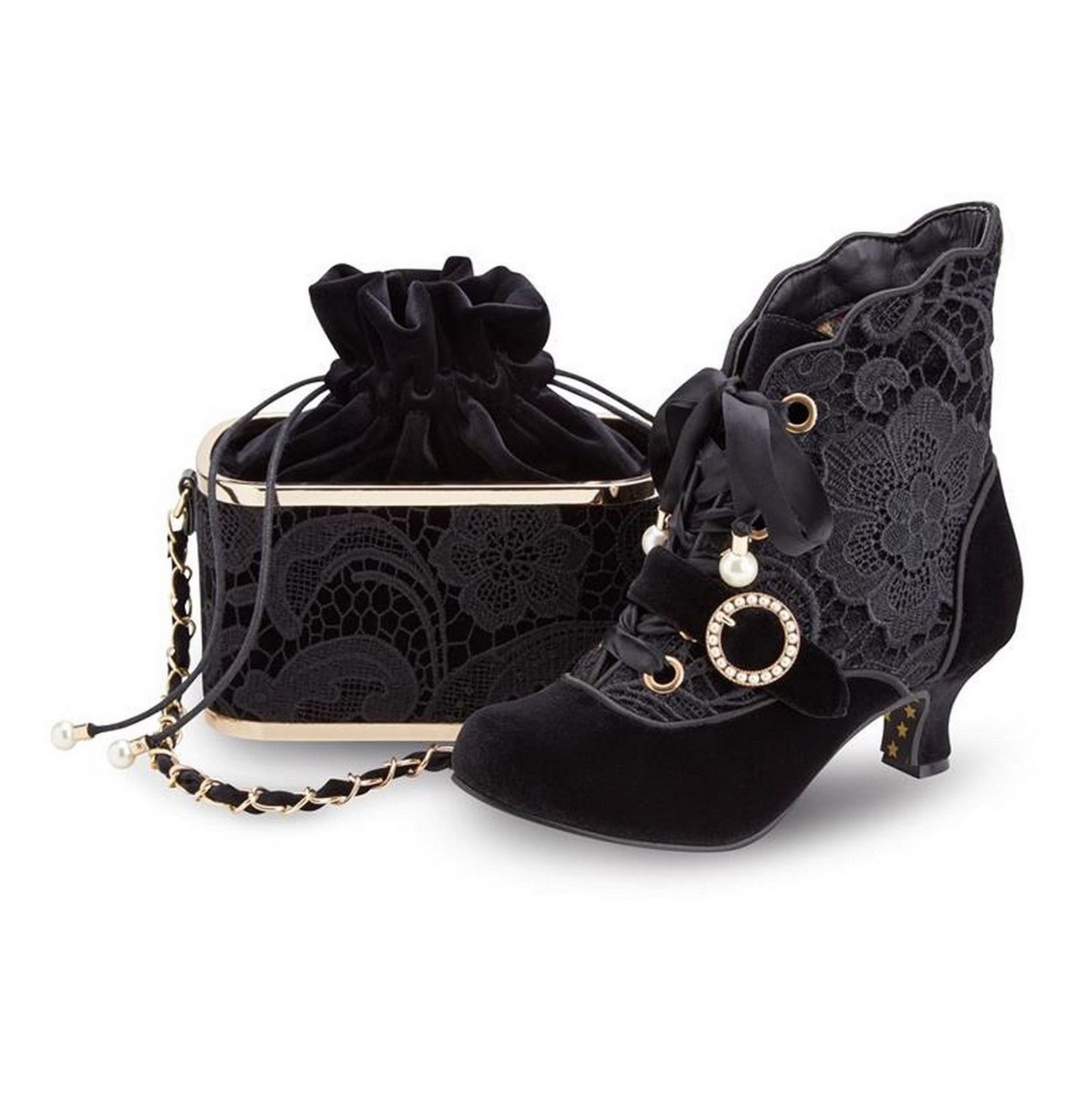 Women Lace Up Occasion Party Spool Heel Court Ankle Boots Shoe and Clutch Set