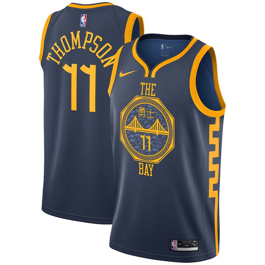 Men's Warriors #11 Klay Thompson Jersey Navy Blue City Edition 2019