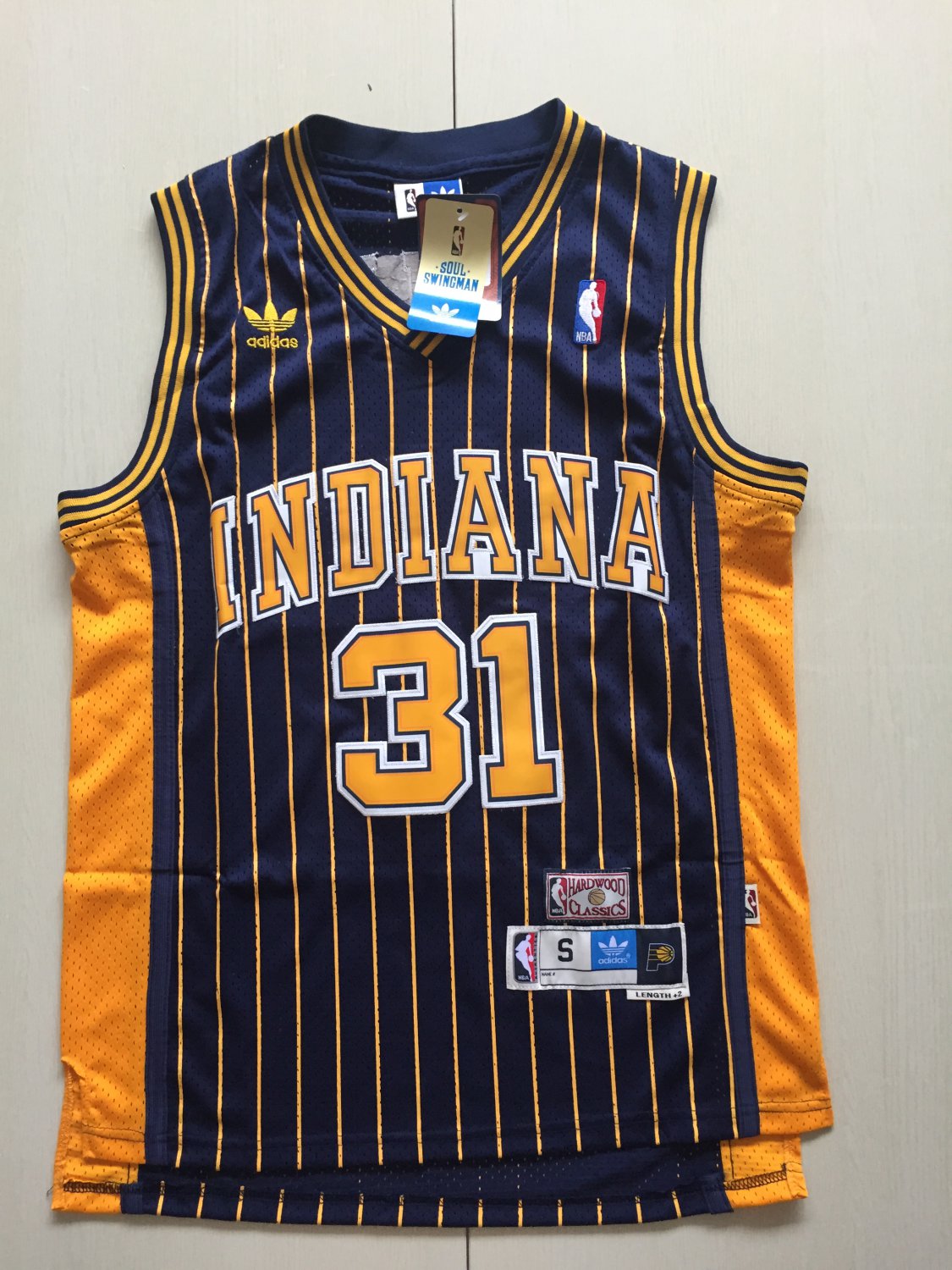 Men's Indiana Peacers #31 Reggie Miller Stripe Jersey Navy Blue Throwback