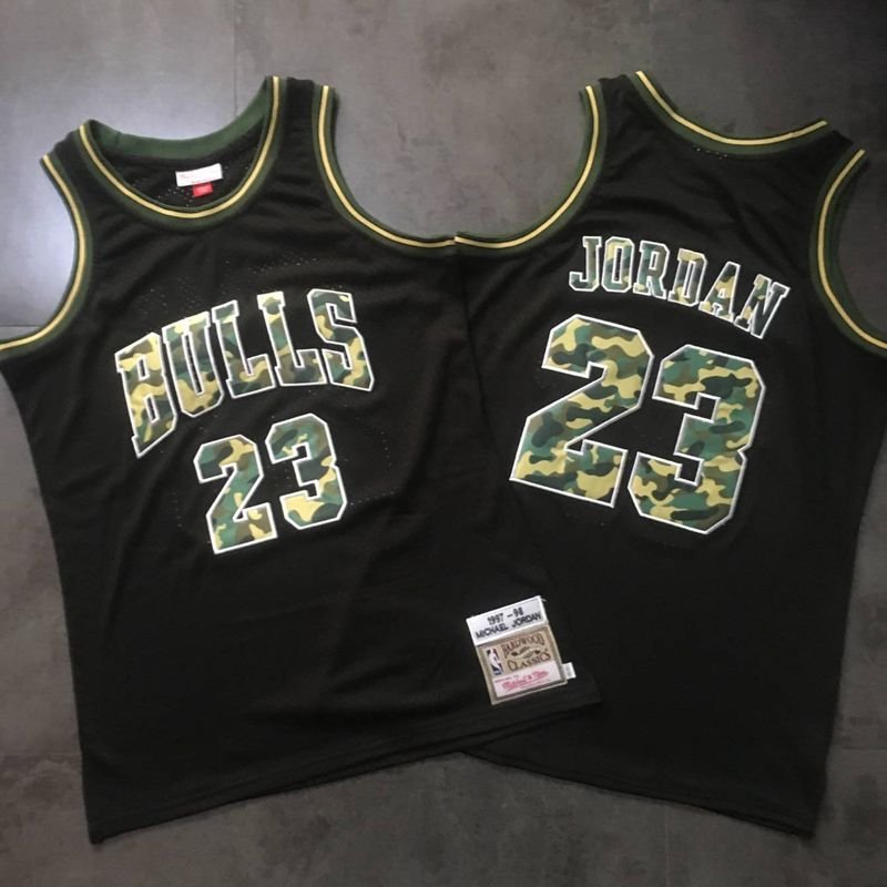 Men's Bulls 23 Michael Jordan Basketball Jersey Black Camo Fine Embroidery