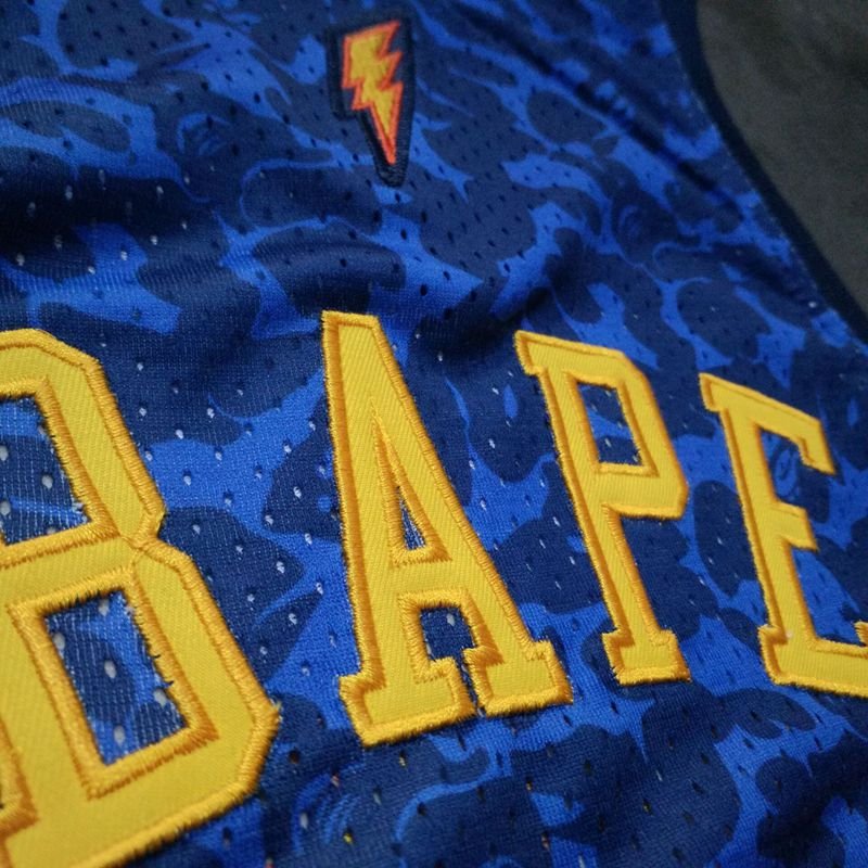 Men's BAPE Joint Warriors 93 Basketball Jersey Blue Fine Embroidery