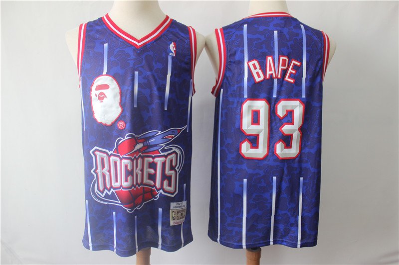 Men's BAPE Joint Houston Rockets 93 Retro Basketball Jersey Blue 2019
