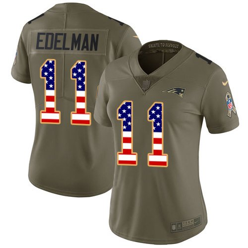 Womens Patriots #11 Julian Edelman Salute To Service USA Flag Jersey Olive