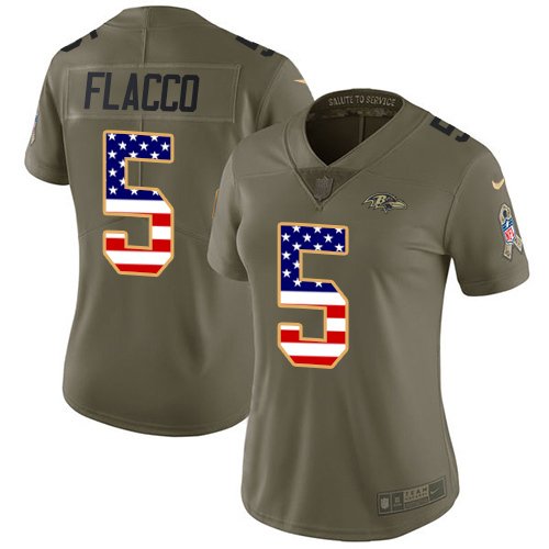 Womens Ravens #5 Joe Flacco Salute To Service USA Flag Jersey Olive