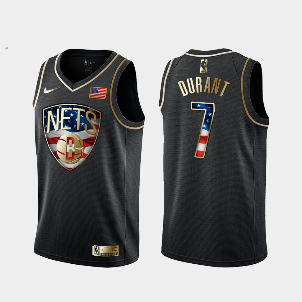 Men's Brooklyn Nets #7 Kevin Durant Black Jersey independence day golden edition