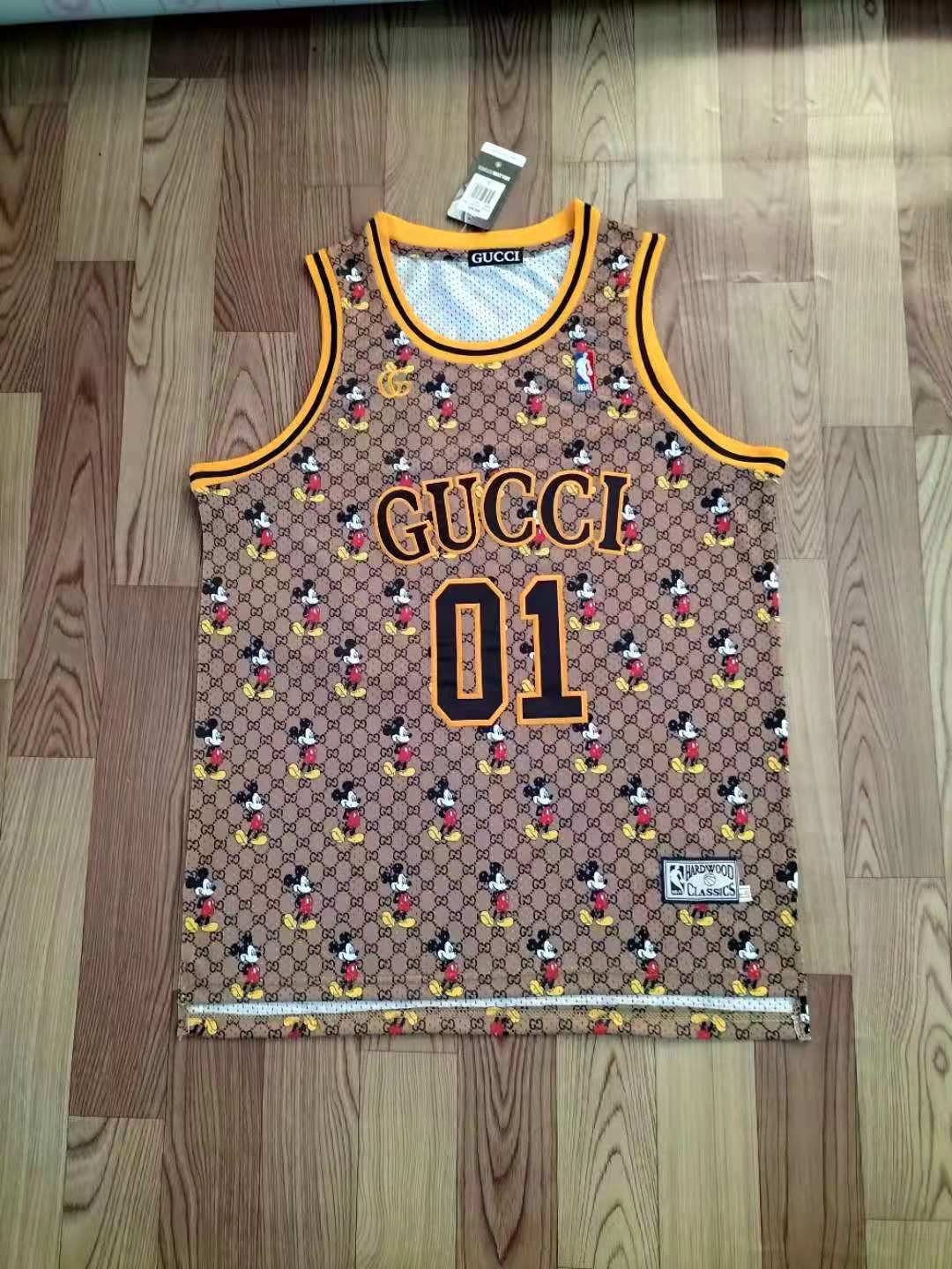 Men's GUCCI #01 NUMBER Mickey Mouse Basketball Jersey Coffee