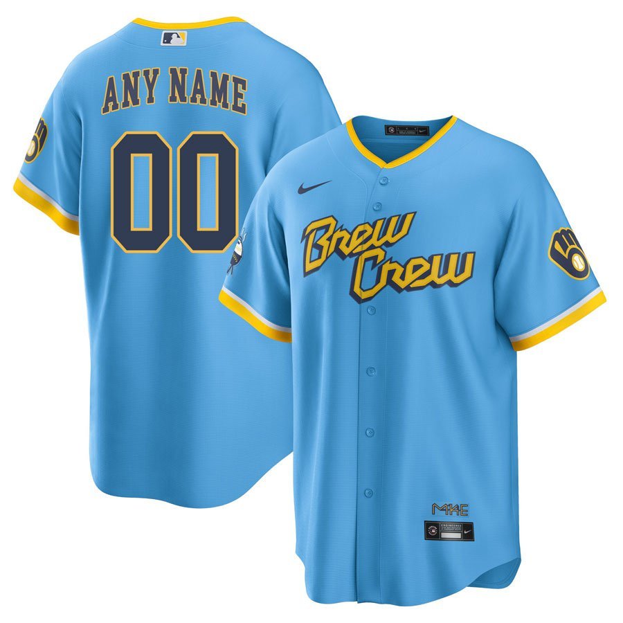 Any Size Brewers Custom Cool Base Crew City Connect Jersey Powder Blue