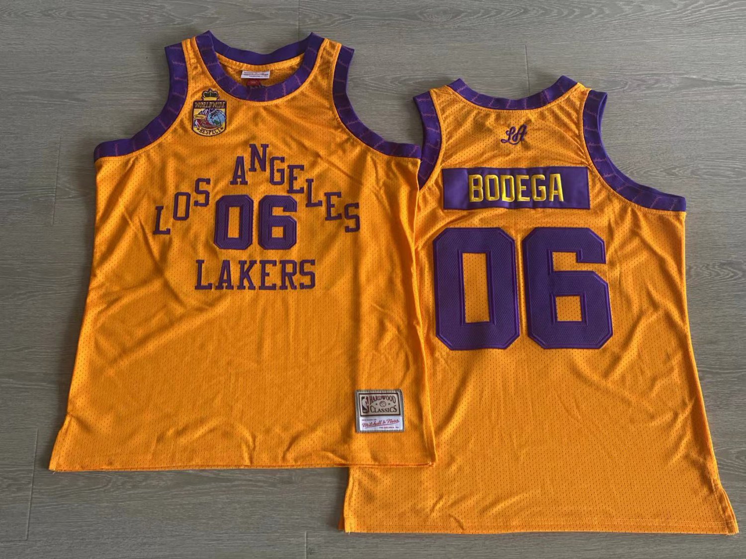 Men's Bodega x mitchell&ness Lakers 06 Worldwide Respect Basketball Jersey Gold