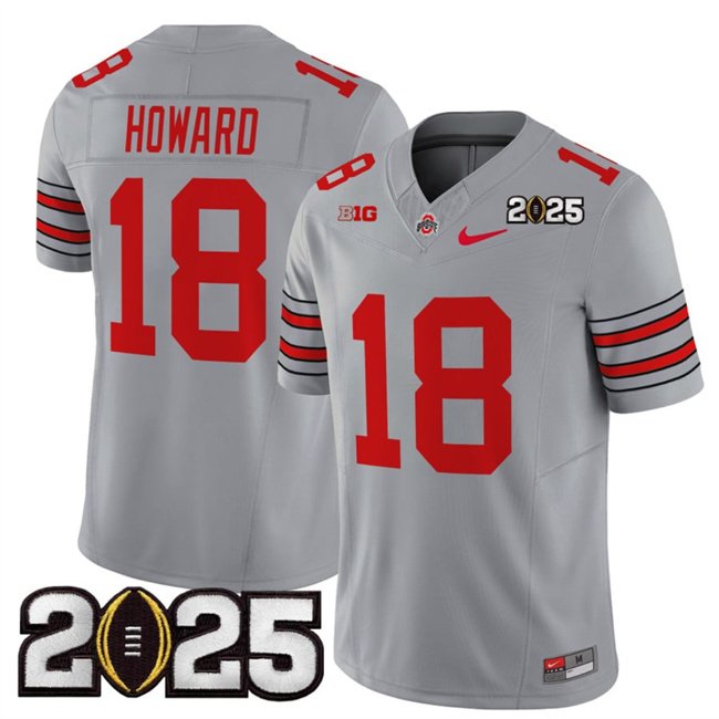 Men's Ohio State Buckeyes #18 Will Howard Grey 2025 CFP Final Patch F.U.S.E. Jersey