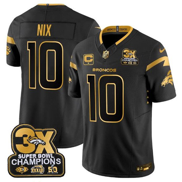 Men's DEN #10 Bo Nix Black/Gold F.U.S.E. 3-Time Champions Patch And 1-star C Jersey