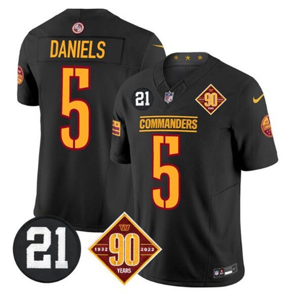 Men's Washington Commanders #5 Jayden Daniels Black F.U.S.E. 90th & Sean Taylor Patch Vapor Jersey