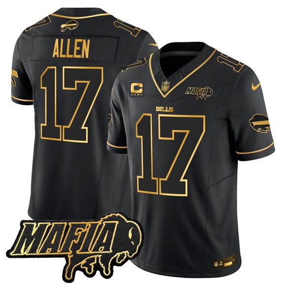 Buffalo Bills #17 Josh Allen Black Gold 2025 F.U.S.E. 4-Star C With Bills Mafia Patch Jersey