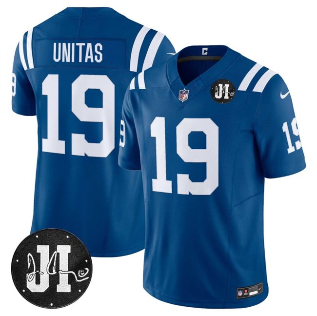 Indianapolis Colts #19 Johnny Unitas Blue 2025 F.U.S.E. Jim Irsay Patch Jersey