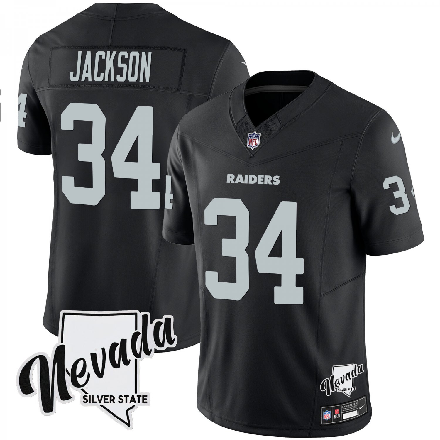 Bo Jackson Men&acirc;��s Raiders Nevada Silver State Patch Vapor Black Jersey