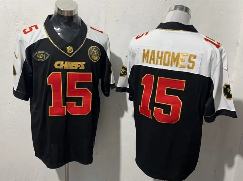 Men's Chiefs #15 Patrick Mahomes Black Gold FUSE NKH Patch Limited Football Jersey