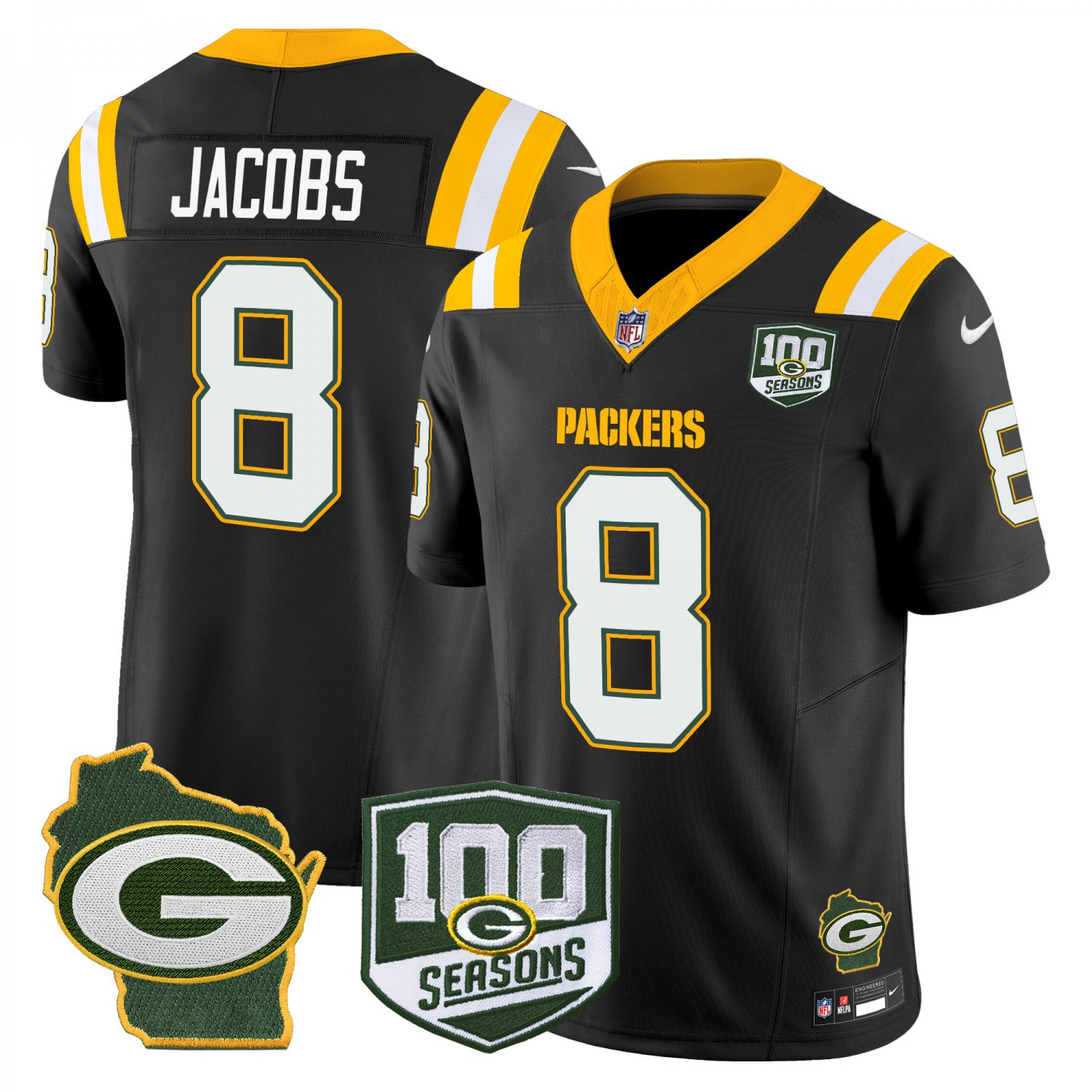 Josh Jacobs Green Bay Packers 100th Season & Home Patch Vapor Limited Black Jersey