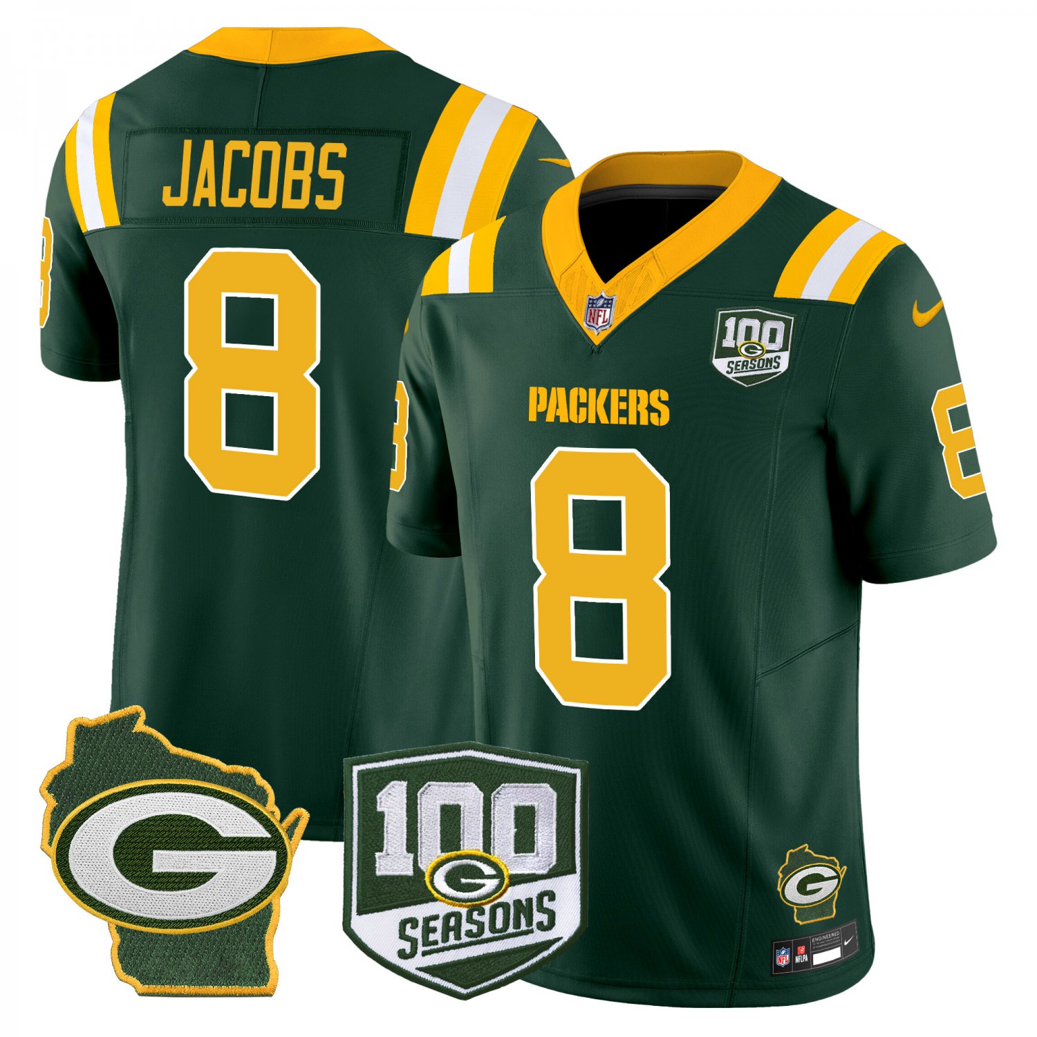 Josh Jacobs Green Bay Packers 100th Season & Home Patch Vapor Limited Green Jersey