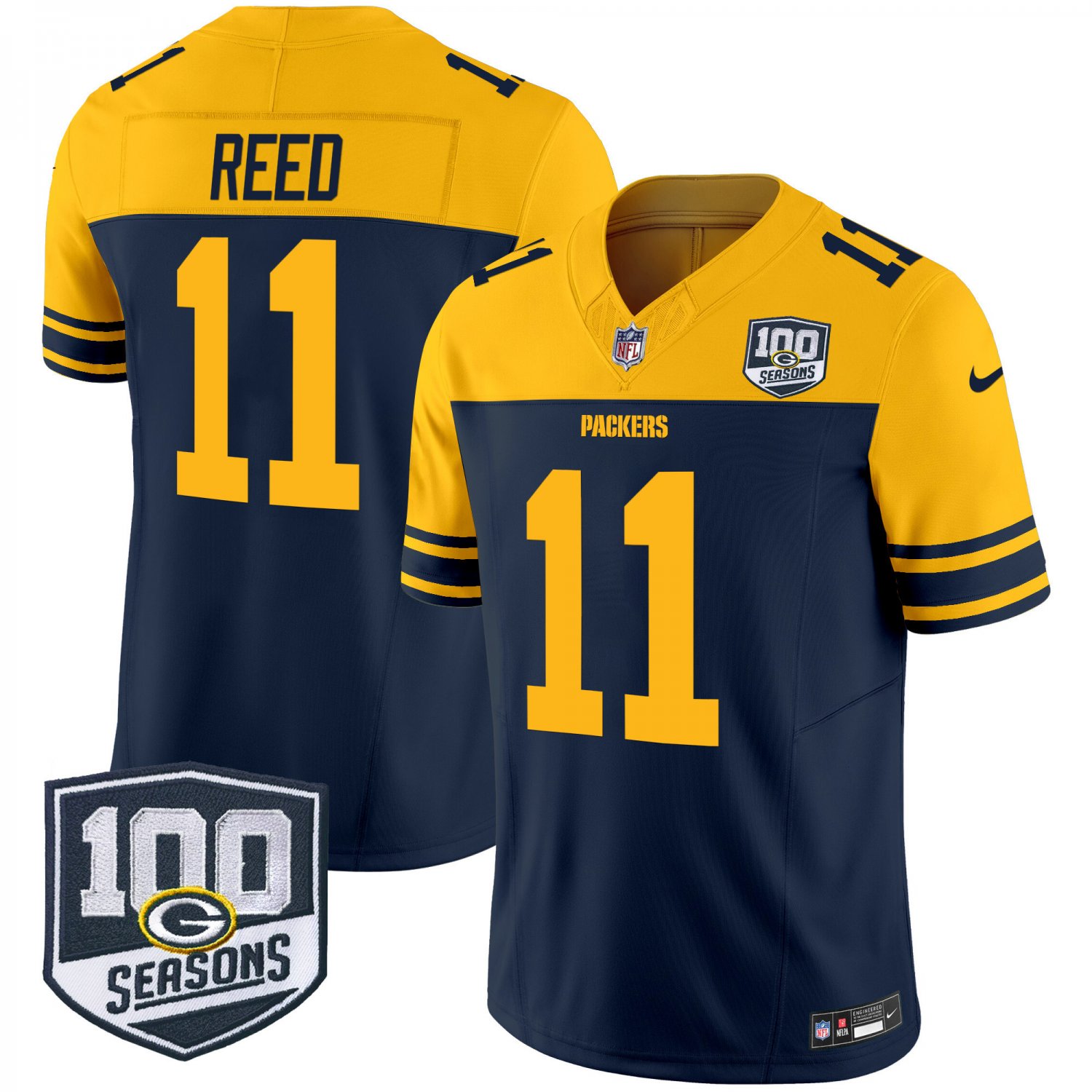 Jayden Reed Green Bay Packers Throwback 100th Season Patch Vapor Limited Navy Jersey