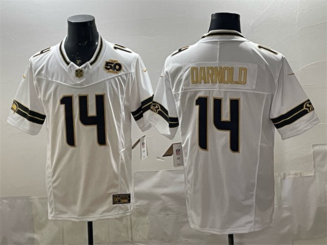 Men's Seattle Seahawks #14 Sam Darnold White Gold 2025 F.U.S.E. 50th Season Patch Jersey