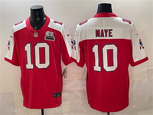 Patriots #10 Drake Maye Red Alternate F.U.S.E. With 6x Super Bowl Champions Patch Throwback Jersey
