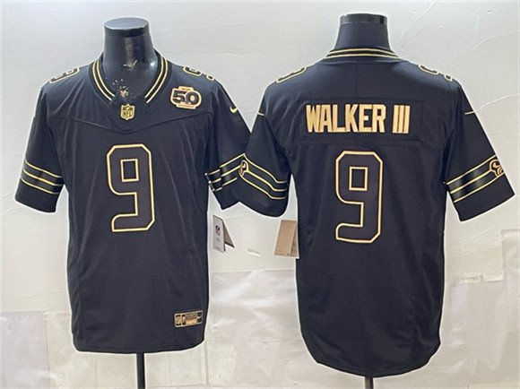Men's Seattle Seahawks #9 Kenneth Walker III Black Gold 2025 F.U.S.E. 50th Season Patch Jersey