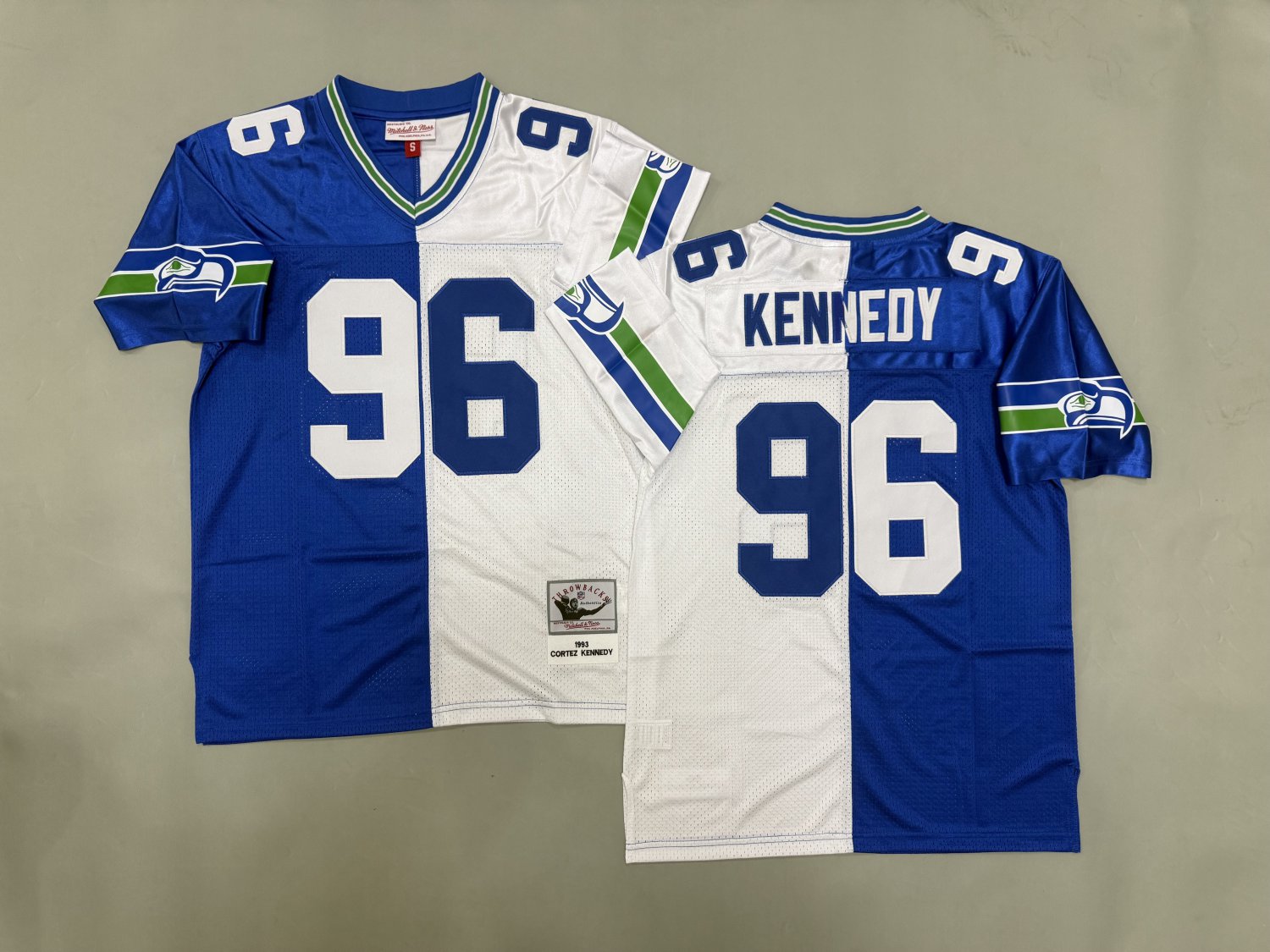 Men's Mitchell & Ness Seahawks #96 Cortez Kennedy Throwback Split Jersey White Royal
