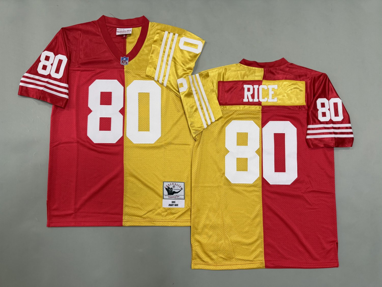 Men's Mitchell & Ness Jerry Rice 49ers Throwback Split Jersey Red Gold