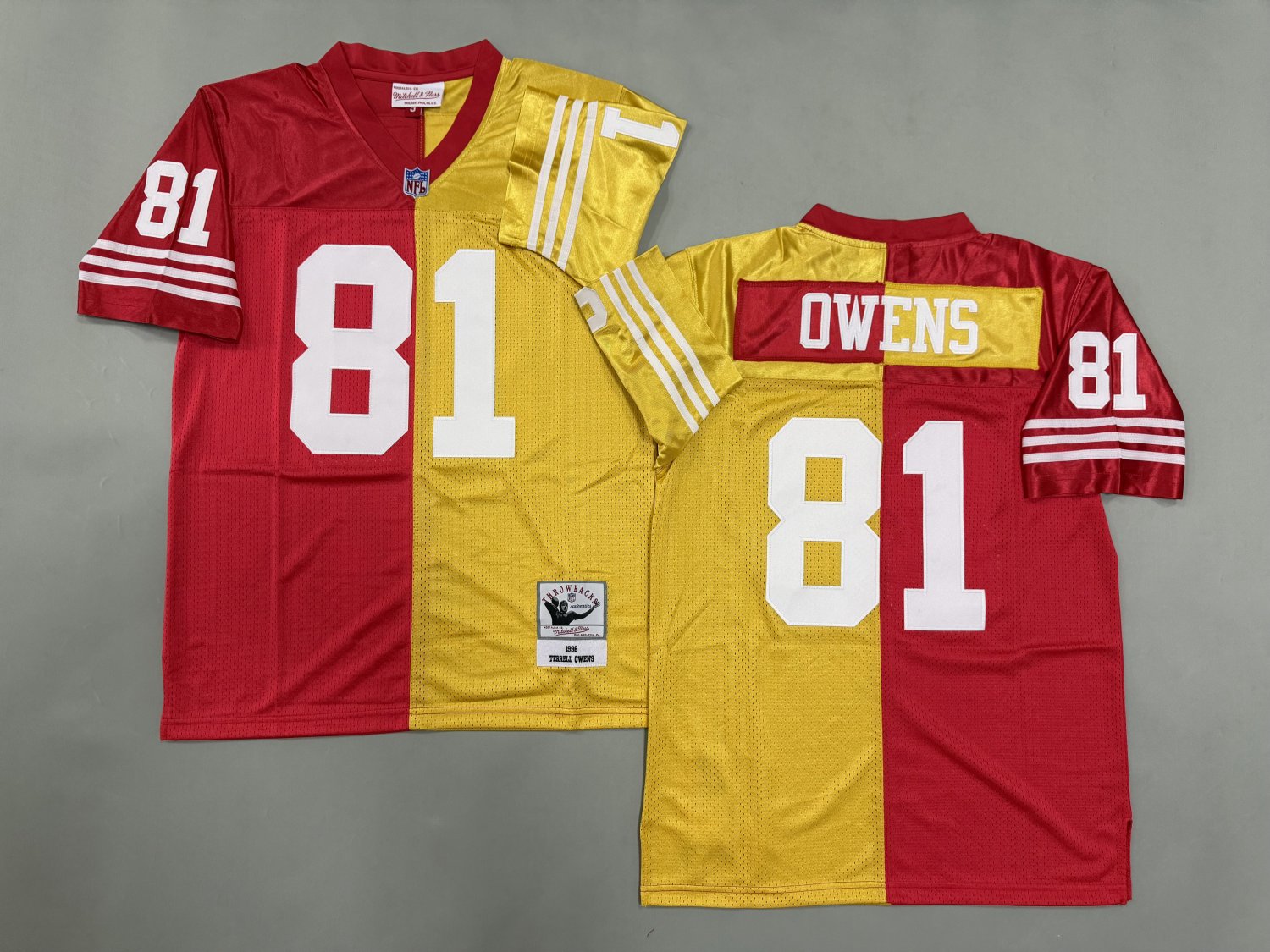 Men's Mitchell & Ness Terrell Owens 49ers Throwback Split Jersey Red Gold