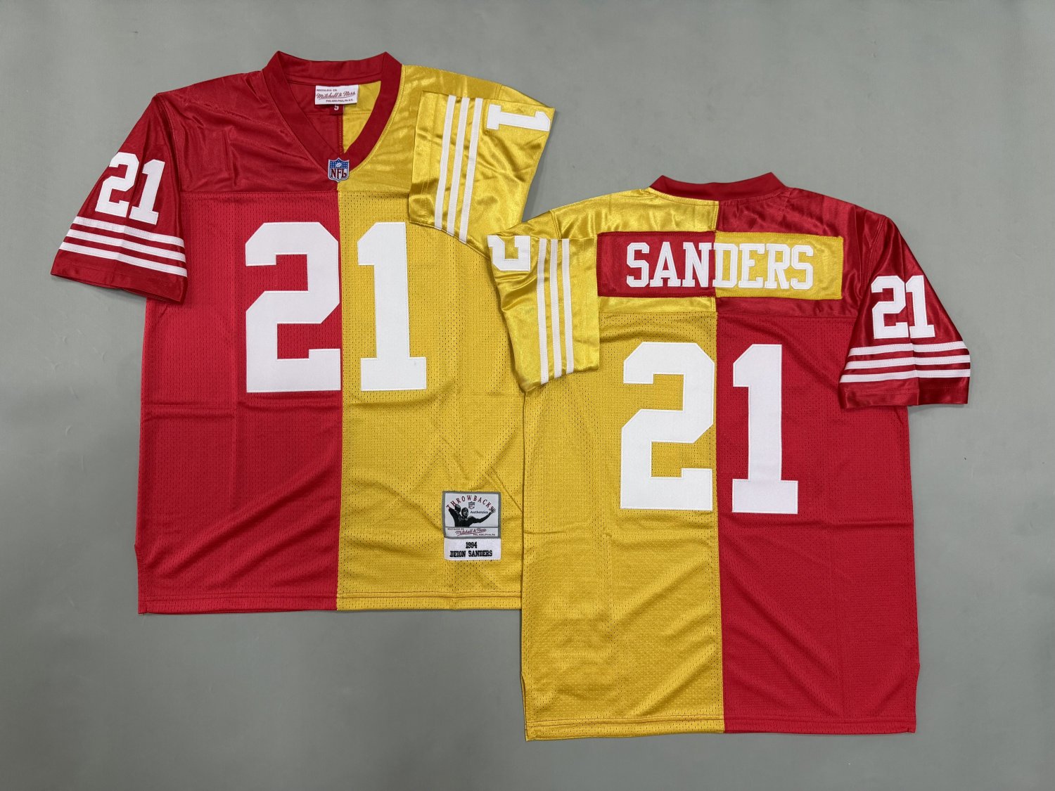 Men's Mitchell & Ness Deion 49ers Throwback Split Jersey Red Gold