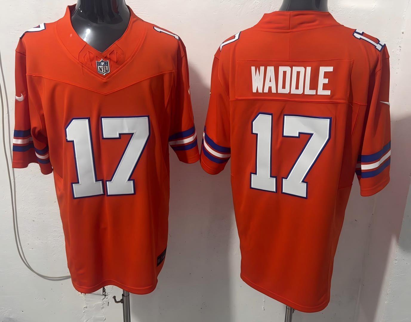 Broncos #17 Jaylen Waddle Orange F.U.S.E. Mile High Collection 1977 Throwback Jersey