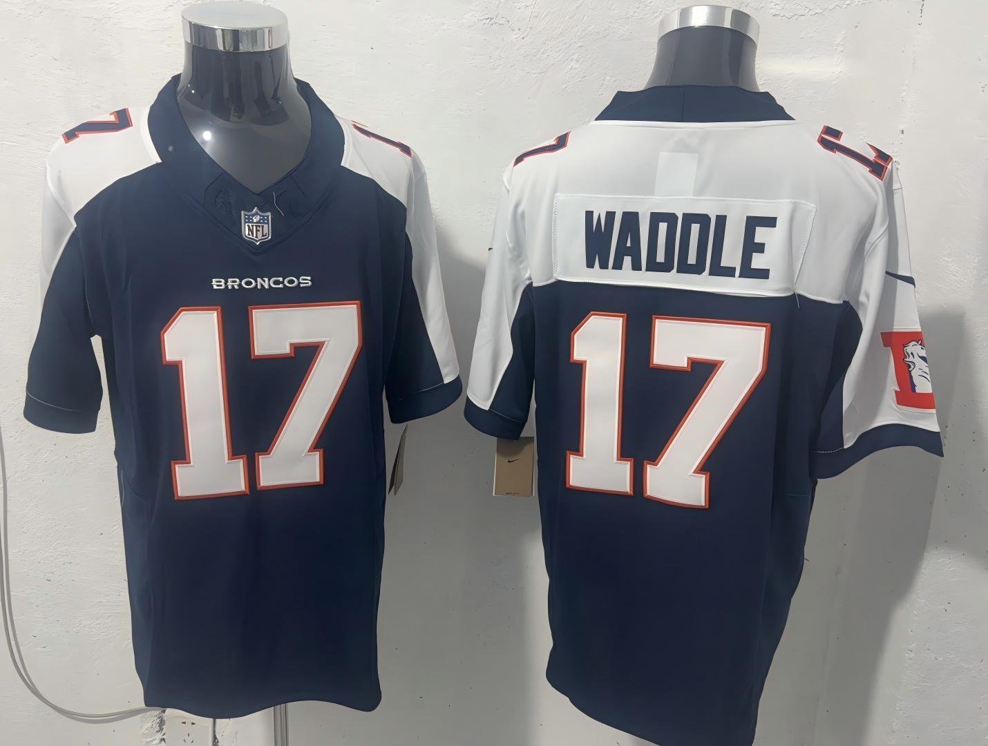 Denver Broncos #17 Jaylen Waddle Navy F.U.S.E. V2 Throwback Vapor Limited Jersey