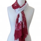 Beautiful off white handwoven cashmere pashmina scarf/wrap with currant red chantilly lace trim