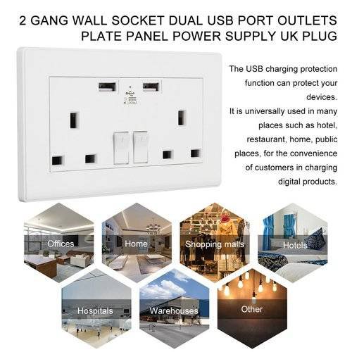 2 Gang Wall Socket Dual USB Port Outlets Plate Panel Power Supply UK Plug