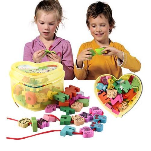 Wooden Lacing Beads Animals Blocks Heart-shape Box Threading Educational Toy