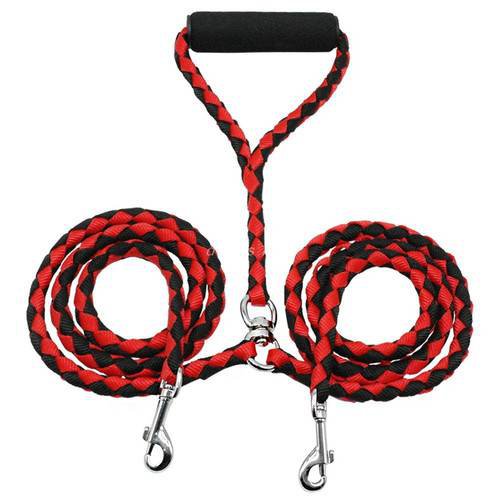 Double Dog Leash Braided Tangle Dual Leash Couple For Walking Training Two Dogs Red
