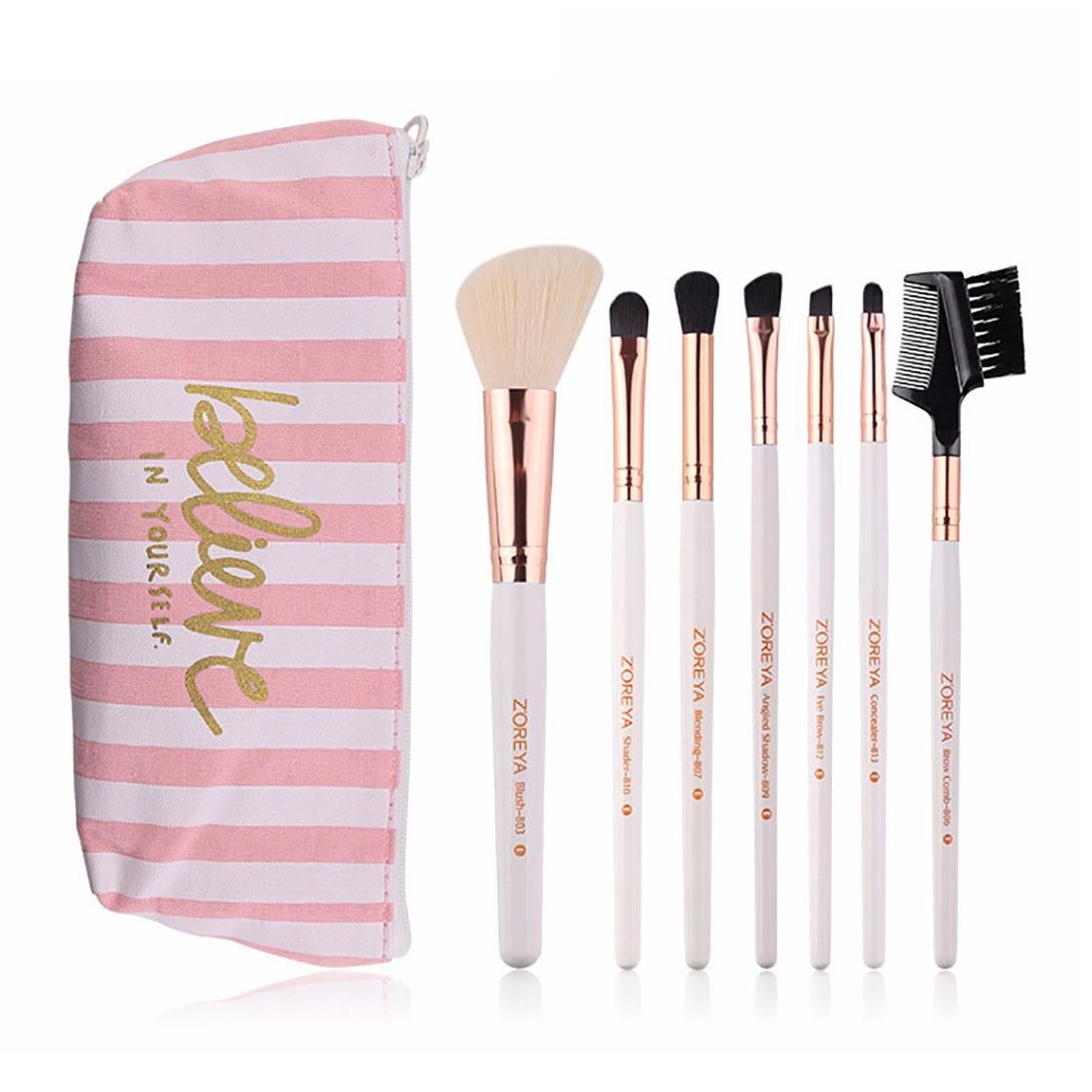 ZOREYA Makeup Brushes 7pcs with Brush Pouch Bag Case White Brush ZW7 Stripe Pouch