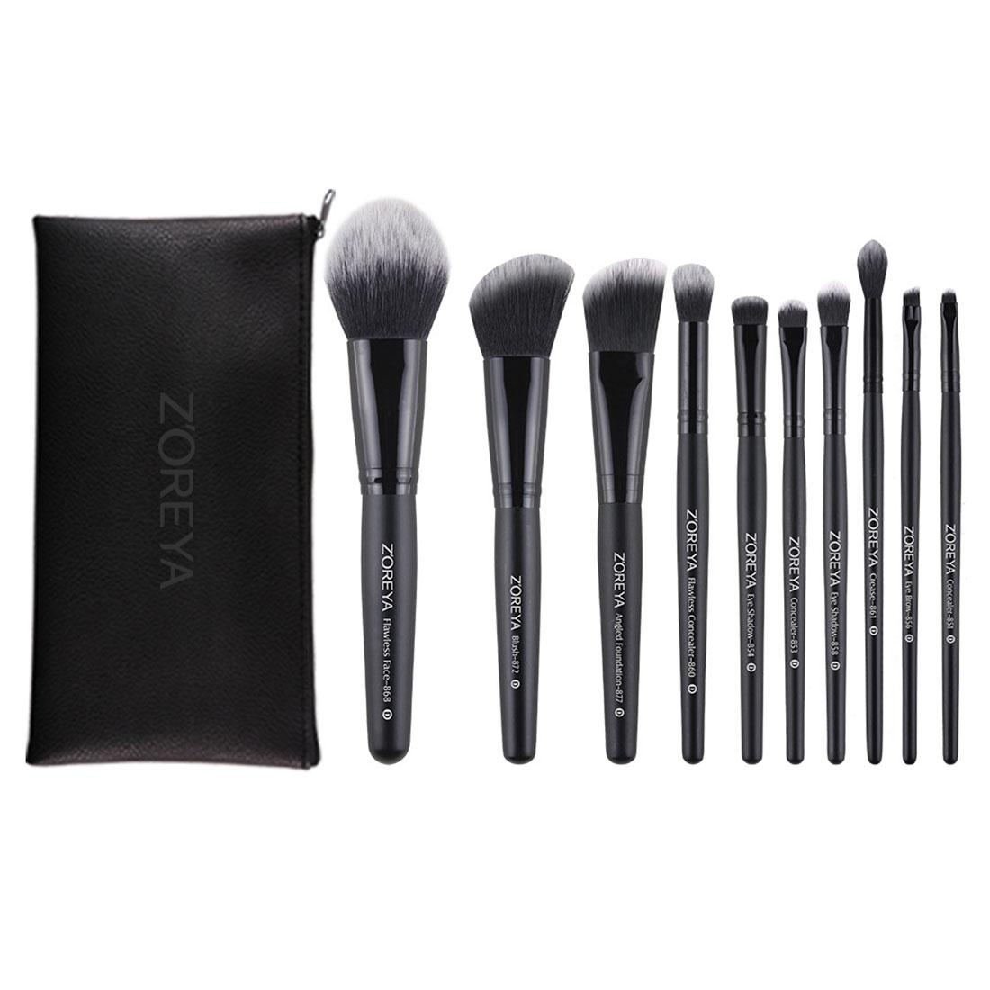 ZOREYA Makeup Brushes 10pcs with Brush Pouch Bag Case Black