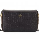 Pour La Victoire Black Yves Croco Embossed Leather Zip Clutch