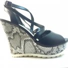 Nine West Black Leather Snake Print Wedge Sandals - Size 7M