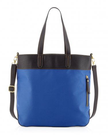 Neiman Marcus Blue Nylon Tote With Black Vegan Leather Trim